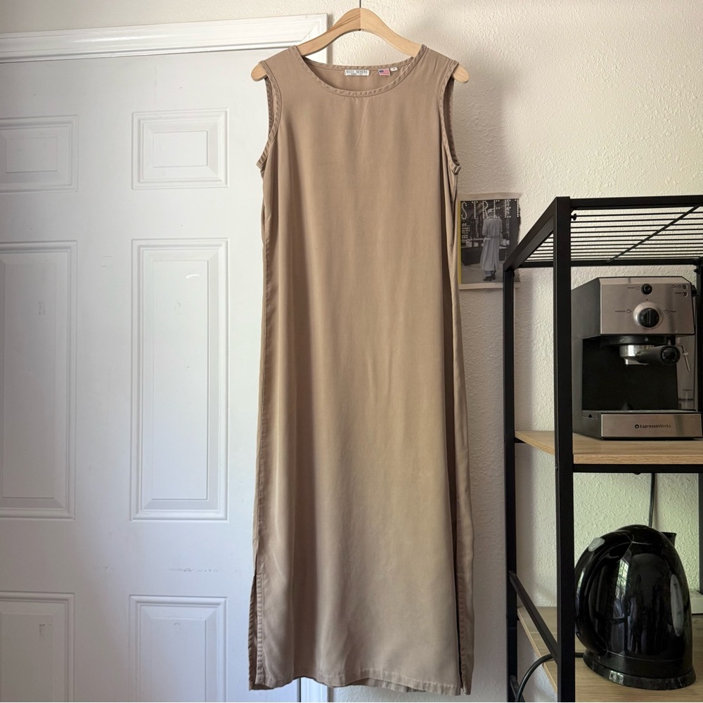 RUSS BERENS tan tencel‎ hand dyed garment crew sleeveless midi dress